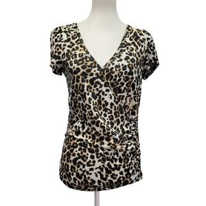 Eye Candy Womens Large Leopard Print Short Sleeve V Neck Faux Wrap Top
